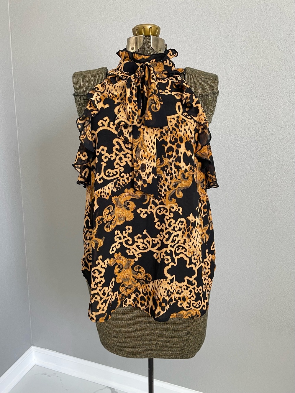 Free Press Leopard Baroque Sheer Chiffon Halter Ruffle Top Blouse Y2K Glam Boho